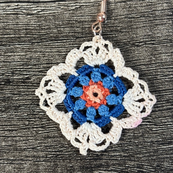 NWOT Elegant Crochet Blue and Cream Earrings - Picture 9 of 9
